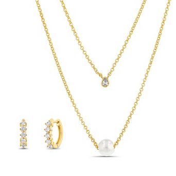 Paige Harper 14k Gold Flash Plated Cubic Zirconia & Simulated Pearl Layered Necklace & Earring Set with Jewelry Organzier