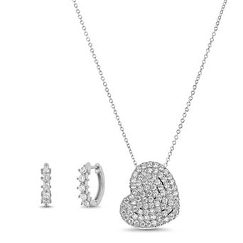 Paige Harper Fine Silver-Plated Cubic Zirconia Pave Heart Necklace & Huggie Earring Set with Jewelry Organzier