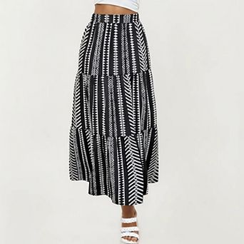 Women's High Waist Tiered Midi Skirt with Geometric Print