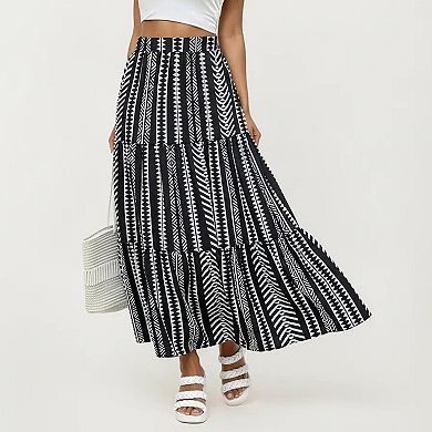 Women's High Waist Tiered Midi Skirt with Geometric Print
