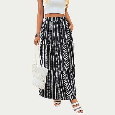 Women's High Waist Tiered Midi Skirt with Geometric Print