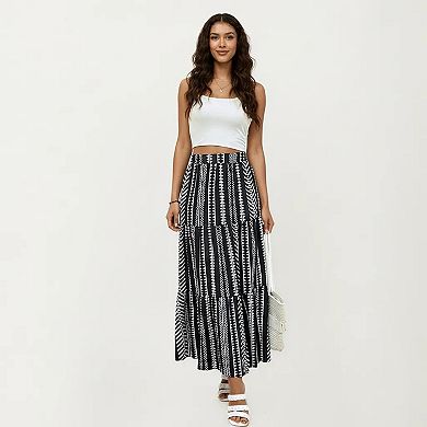 Women's High Waist Tiered Midi Skirt with Geometric Print