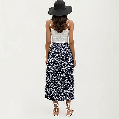 Women's High Waist Midi Skirt with Ditsy Floral Print and Side Slit