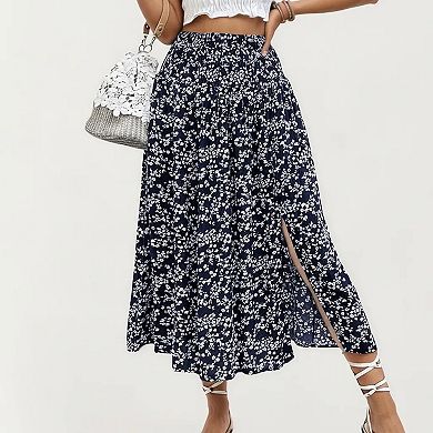 Women's High Waist Midi Skirt with Ditsy Floral Print and Side Slit
