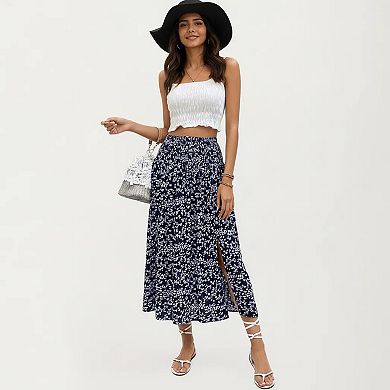 Women's High Waist Midi Skirt with Ditsy Floral Print and Side Slit