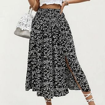 Women's High Waist Midi Skirt with Ditsy Floral Print and Side Slit