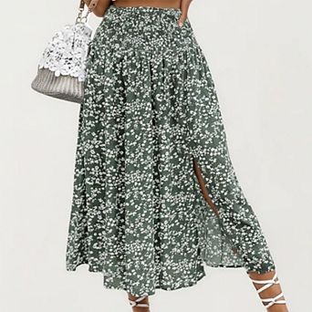 Women's High Waist Midi Skirt with Ditsy Floral Print and Side Slit