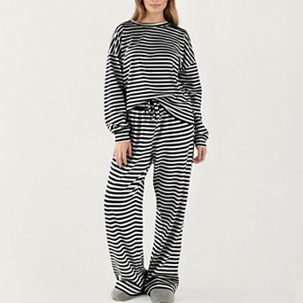 Women's 2 pc Set Long Sleeve Striped Pajama Top and Relaxed Fit Lounge Pants