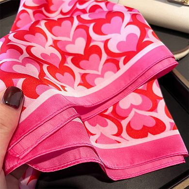 Women's Heart Print Square Satin Scarf Smooth Lightweight Fabric Stylish Neck Hair Accessory