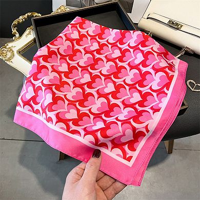 Women's Heart Print Square Satin Scarf Smooth Lightweight Fabric Stylish Neck Hair Accessory