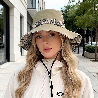 Women's Wide Brim Sun Hat with Adjustable Chin Strap Decorative Band Casual Headwear
