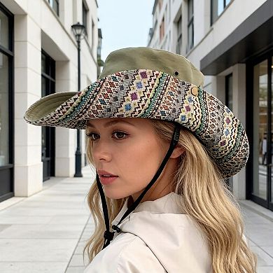 Women's Wide Brim Sun Hat with Adjustable Chin Strap Decorative Band Casual Headwear
