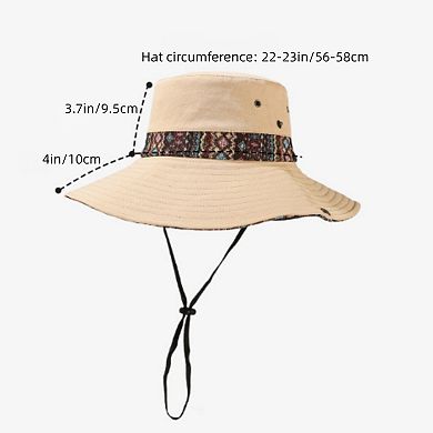 Women's Wide Brim Sun Hat with Adjustable Chin Strap Decorative Band Casual Headwear
