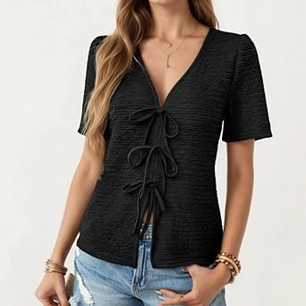 Women's Short Sleeve Textured Knit V-Neck Front Tie Top