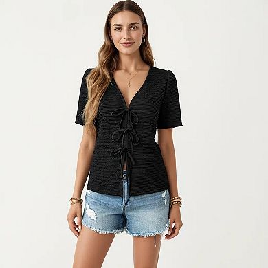 Women's Short Sleeve Textured Knit V-Neck Front Tie Top