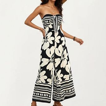 Women's Strapless Wide Leg Jumpsuit with Floral Pattern and Border Trim Detail