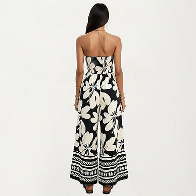 Women's Strapless Wide Leg Jumpsuit with Floral Pattern and Border Trim Detail