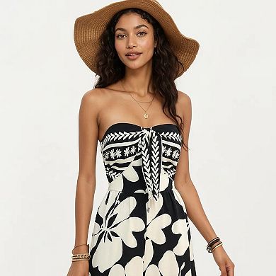 Women's Strapless Wide Leg Jumpsuit with Floral Pattern and Border Trim Detail