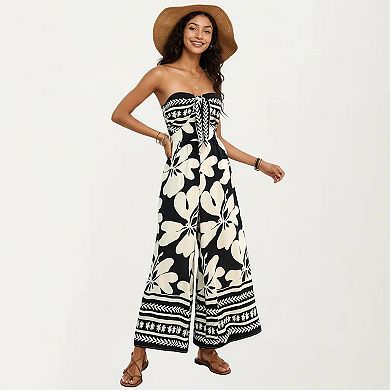 Women's Strapless Wide Leg Jumpsuit with Floral Pattern and Border Trim Detail