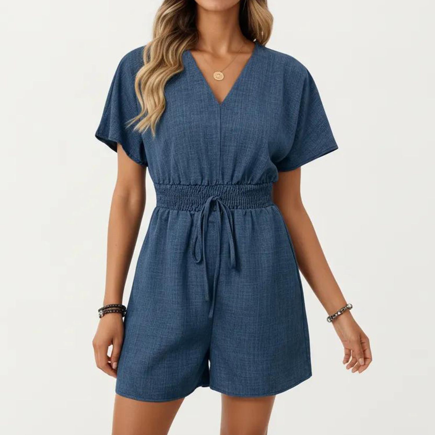 Женские комбинезоны Short Sleeve V Neck Romper with Smocked Waist and Adjustable Drawstring