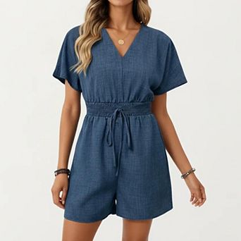 Women's Short Sleeve V Neck Romper with Smocked Waist and Adjustable Drawstring