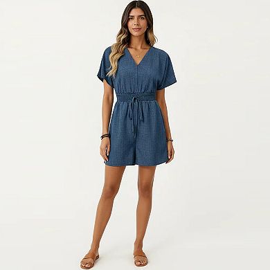 Women's Short Sleeve V Neck Romper with Smocked Waist and Adjustable Drawstring