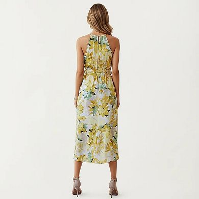Women's Halter Neck Midi Dress with Floral Print and Asymmetrical Hem