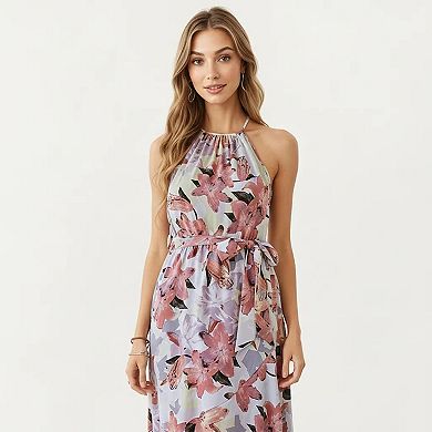 Women's Halter Neck Midi Dress with Floral Print and Asymmetrical Hem