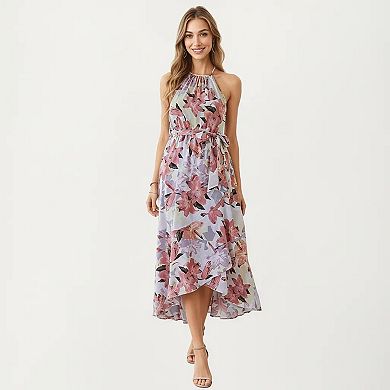 Women's Halter Neck Midi Dress with Floral Print and Asymmetrical Hem