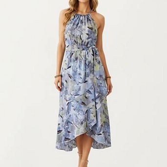 Women's Halter Neck Midi Dress with Floral Print and Asymmetrical Hem