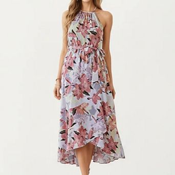 Women's Halter Neck Midi Dress with Floral Print and Asymmetrical Hem