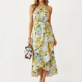 Women's Halter Neck Midi Dress with Floral Print and Asymmetrical Hem