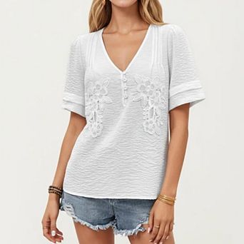 Women's Short Sleeve Textured Knit Top with Embroidered Floral Detail