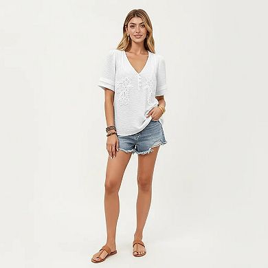 Women's Short Sleeve Textured Knit Top with Embroidered Floral Detail