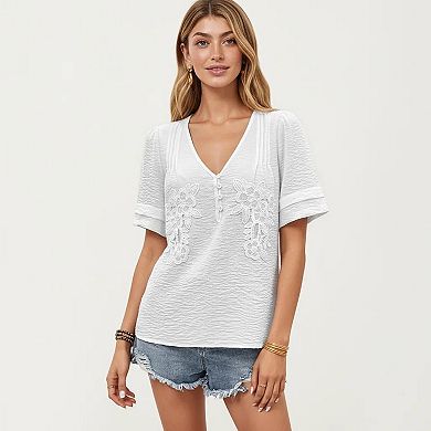 Women's Short Sleeve Textured Knit Top with Embroidered Floral Detail