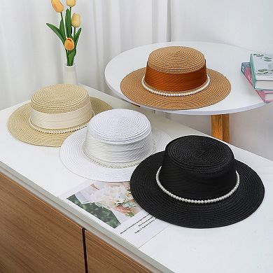 Women's Straw Boater Hat with Flat Brim Structured Crown Pearl Ribbon Band Detail