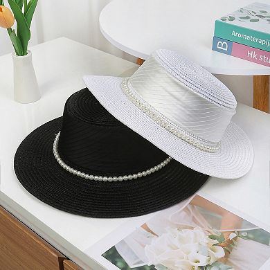 Women's Straw Boater Hat with Flat Brim Structured Crown Pearl Ribbon Band Detail