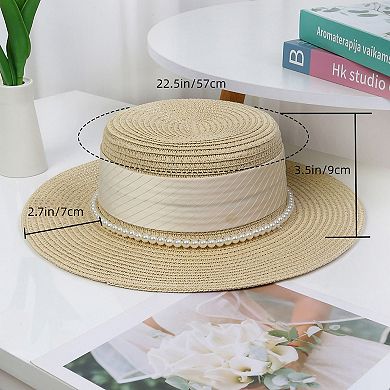 Women's Straw Boater Hat with Flat Brim Structured Crown Pearl Ribbon Band Detail