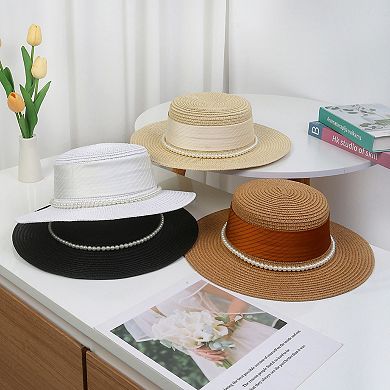 Women's Straw Boater Hat with Flat Brim Structured Crown Pearl Ribbon Band Detail