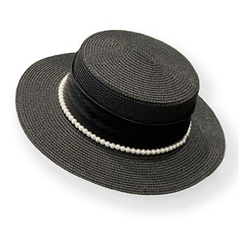 Women's Straw Boater Hat with Flat Brim Structured Crown Pearl Ribbon Band Detail