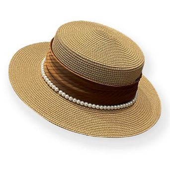 Women's Straw Boater Hat with Flat Brim Structured Crown Pearl Ribbon Band Detail