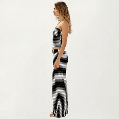 Women's 2-Piece Set Strapless Tube Top and Wide Leg Pants with Horizontal Stripe Pattern