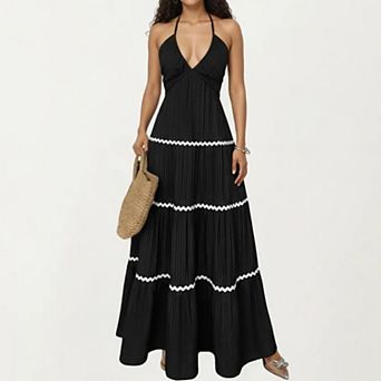 Women's Halter Neck Maxi Dress with Pleated Skirt and Tiered Trim Detail