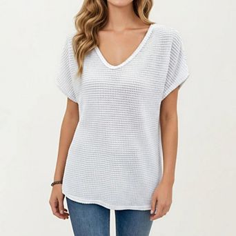 Women's Short Sleeve Waffle Knit V-Neck Relaxed Fit Top