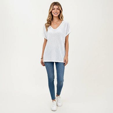 Women's Short Sleeve Waffle Knit V-Neck Relaxed Fit Top