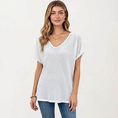 Women's Short Sleeve Waffle Knit V-Neck Relaxed Fit Top