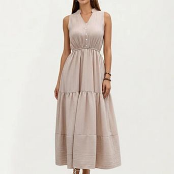Women's Sleeveless Tiered Maxi Dress with Button Front V Neck and Elastic Waist