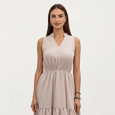 Women's Sleeveless Tiered Maxi Dress with Button Front V Neck and Elastic Waist