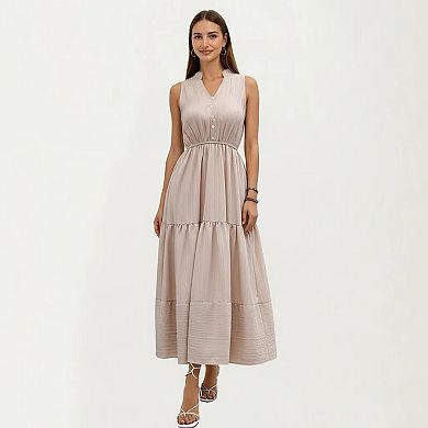 Women's Sleeveless Tiered Maxi Dress with Button Front V Neck and Elastic Waist