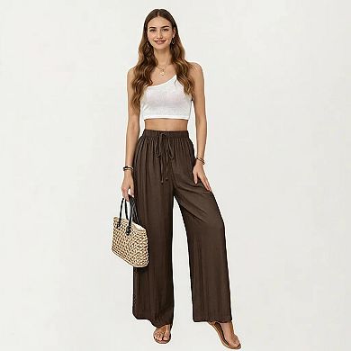 Women's High Waist Wide Leg Lounge Pants with Elastic Waist and Adjustable Drawstring